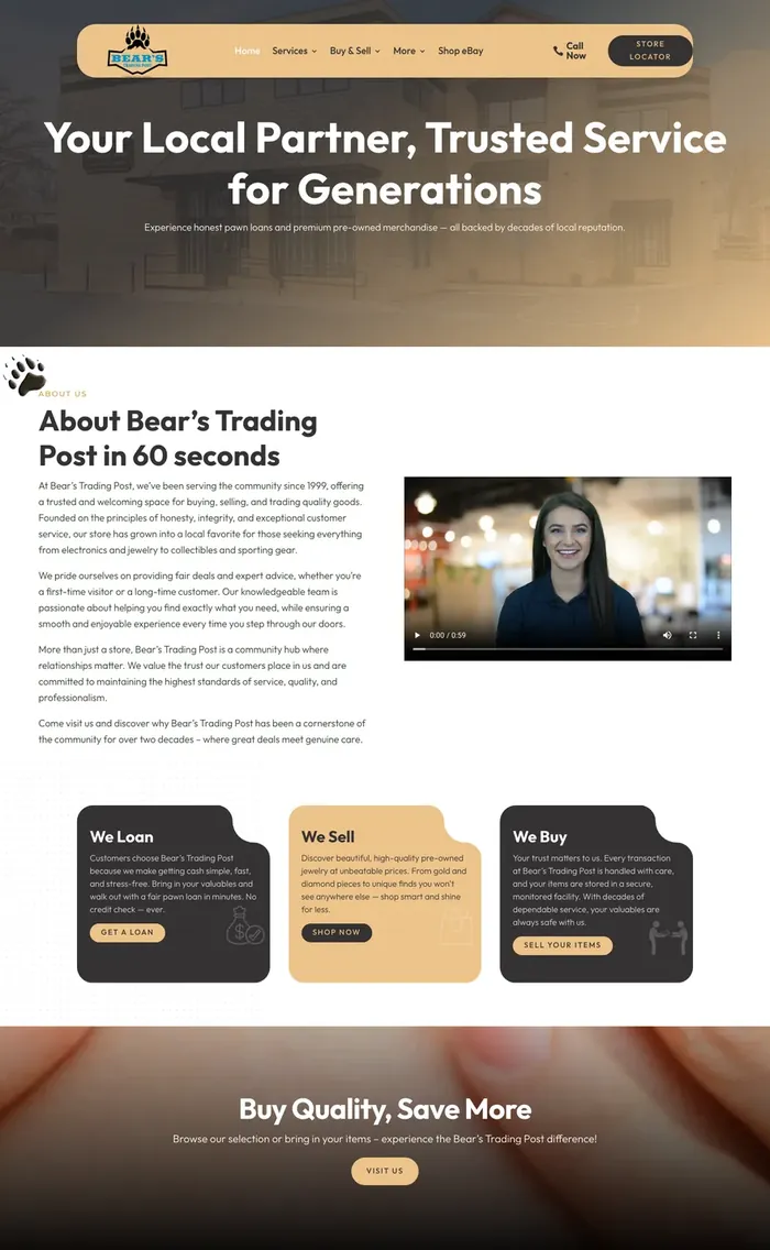 Bear's Trading Post homepage, built by our team for a Pawn Leads client