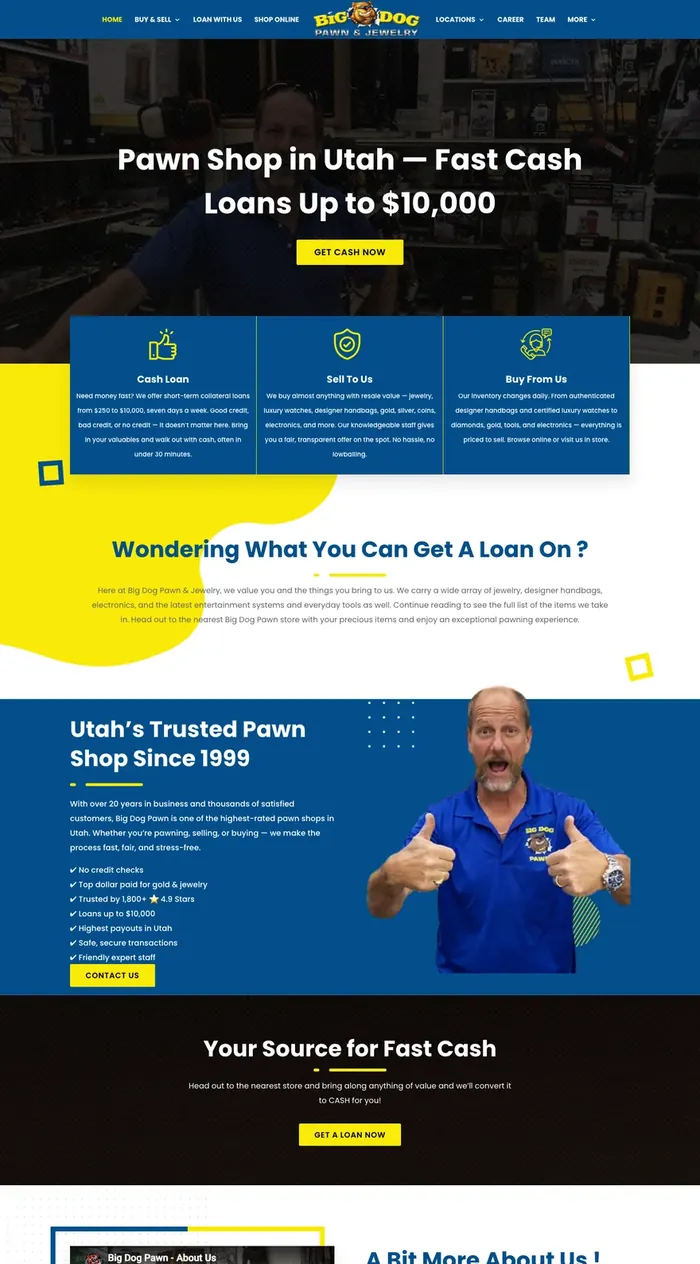 Big Dog Pawn homepage, built by our team for a Pawn Leads client