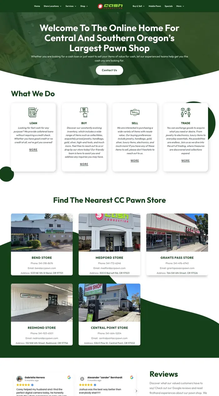 Cash Connection homepage, built by our team for a Pawn Leads client