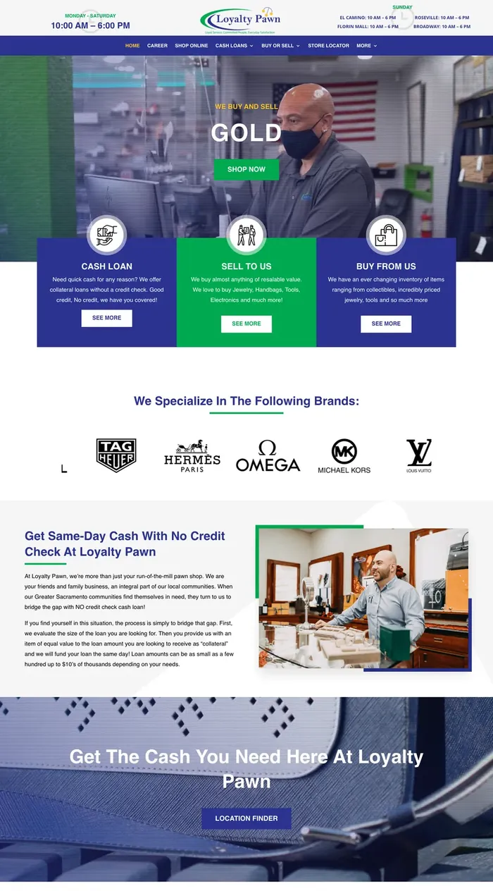 Loyalty Pawn homepage, built by our team for a Pawn Leads client