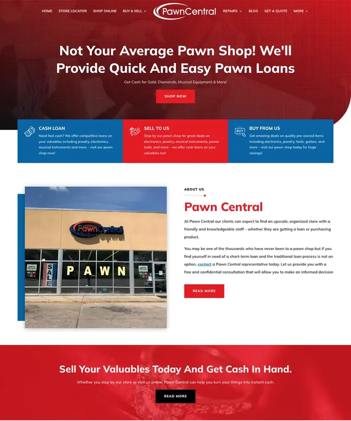 Pawn Central homepage, built by our team for a Pawn Leads client
