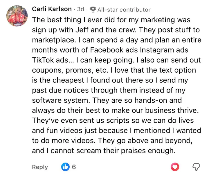 Facebook comment from Carli Karlson saying signing up with Jeff and the crew was the best thing she ever did for her marketing