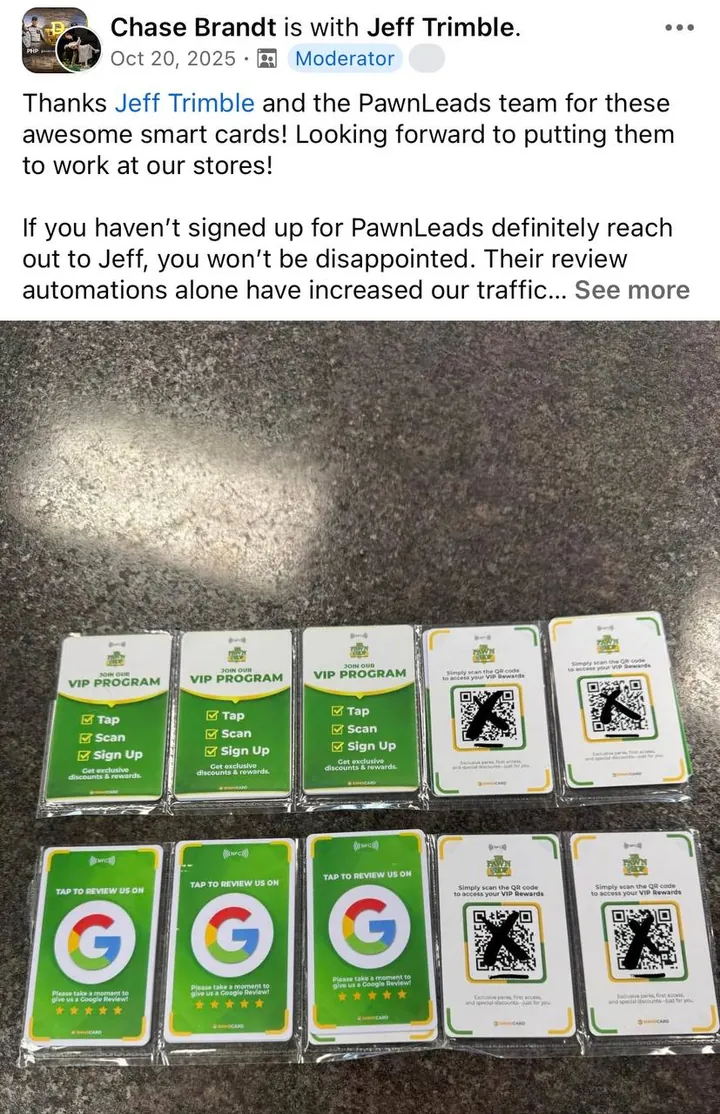 Facebook post from Chase Brandt thanking Jeff Trimble and the Pawn Leads team for their smart cards, with a photo of the cards